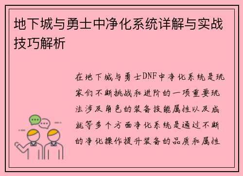 地下城与勇士中净化系统详解与实战技巧解析